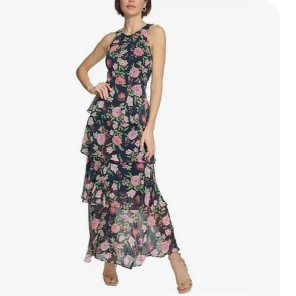 Tommy Hilfiger Navy Floral Tiered Halter Maxi Dress Size 12 EUC - Picture 1 of 6